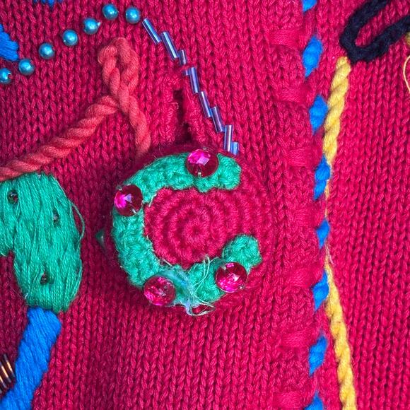 Michael Simon Bright Cherry Red Sleeveless Embroidered Cardigan Beaded Horse - Picture 14 of 16